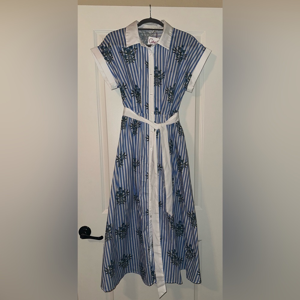 Entro Blue and White Striped Dress with Floral Design
